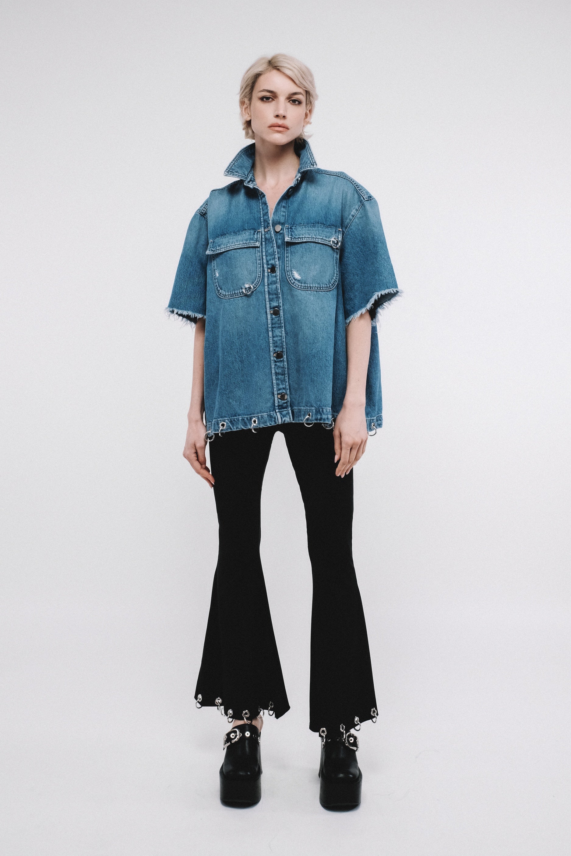 Oversized jacket in fringed denim LITTLE short sleeves Blue 