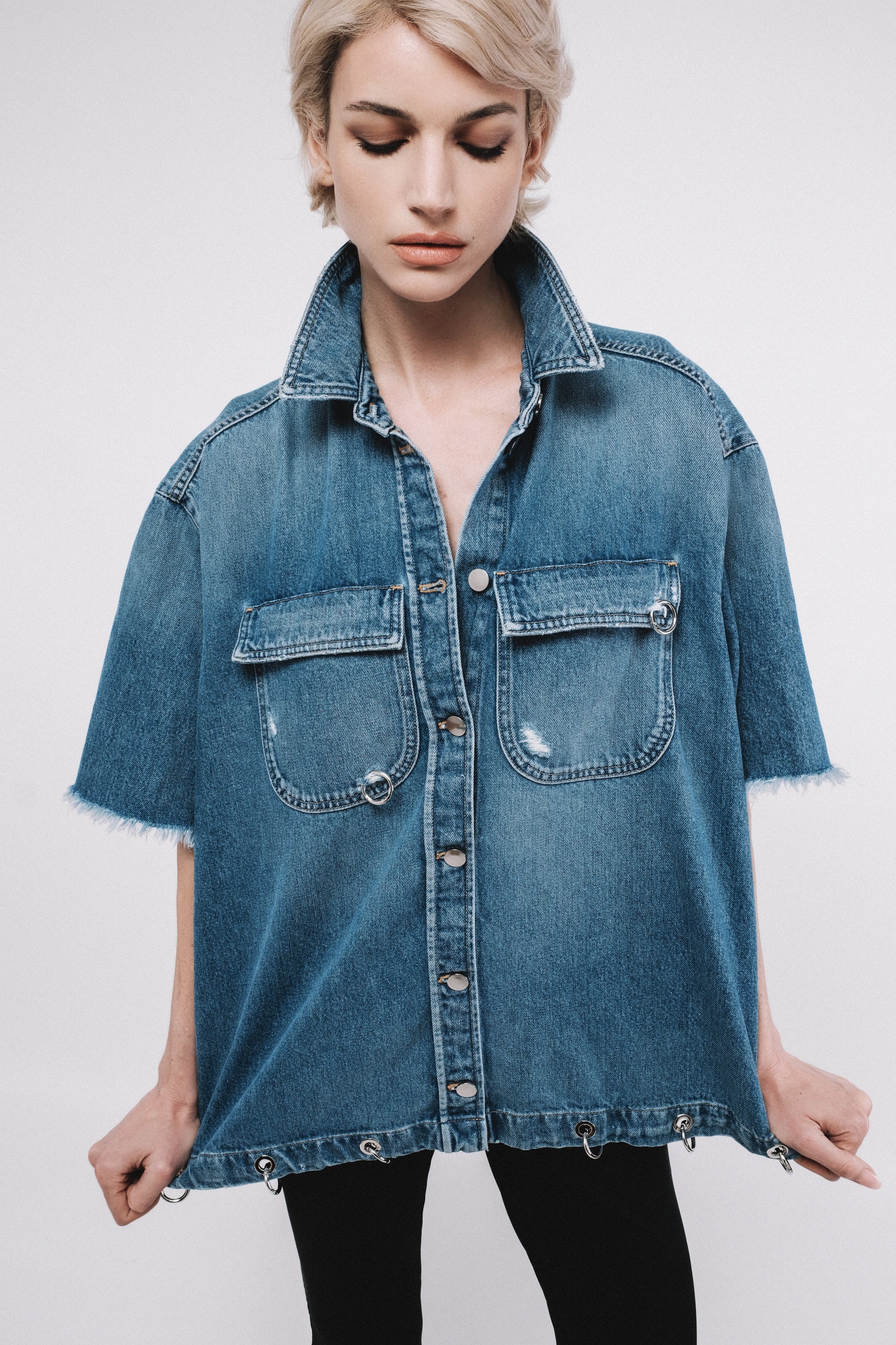 Oversized jacket in fringed denim LITTLE short sleeves Blue 