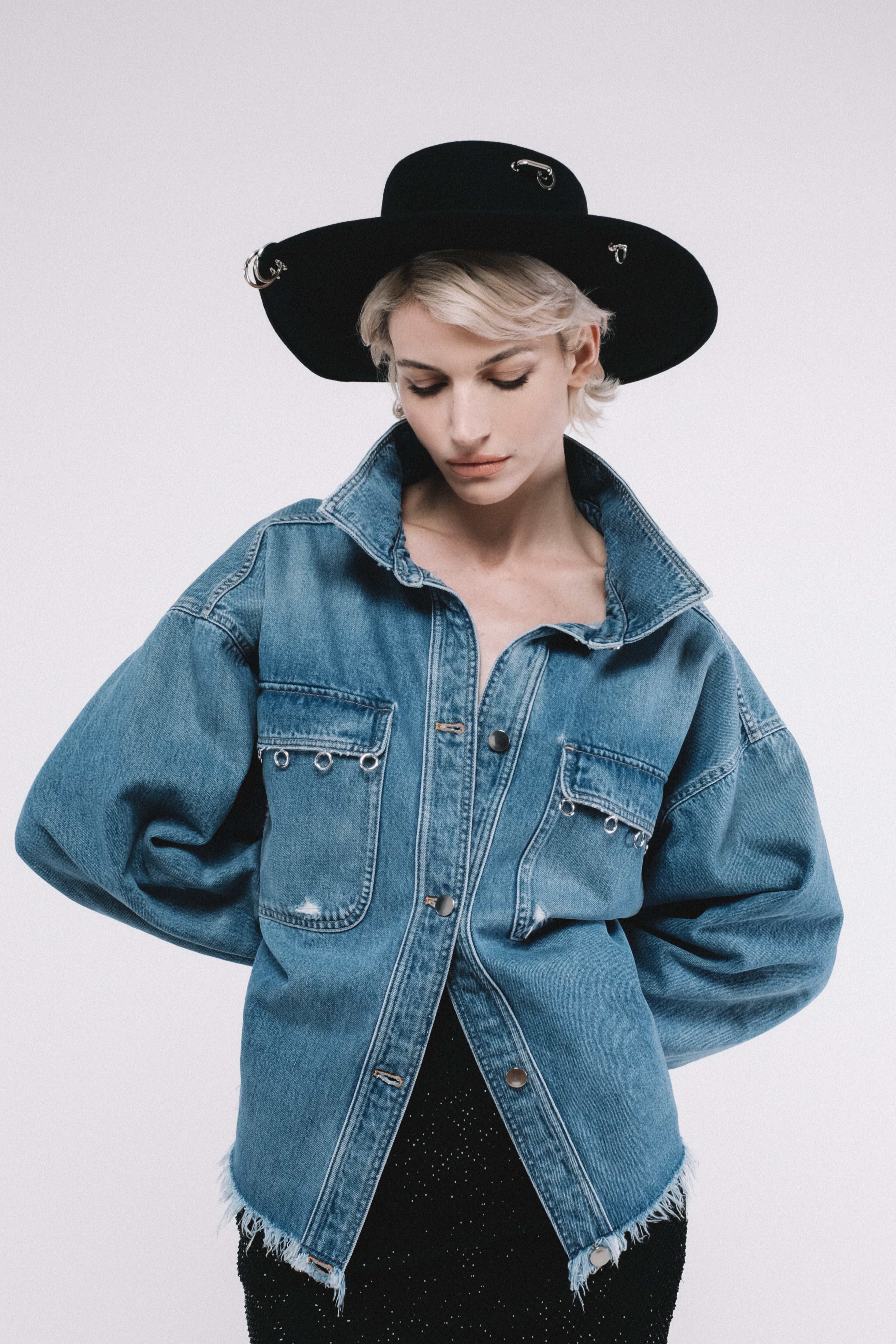 Oversized jacket in fringed denim PACIFIC long sleeves Blue 