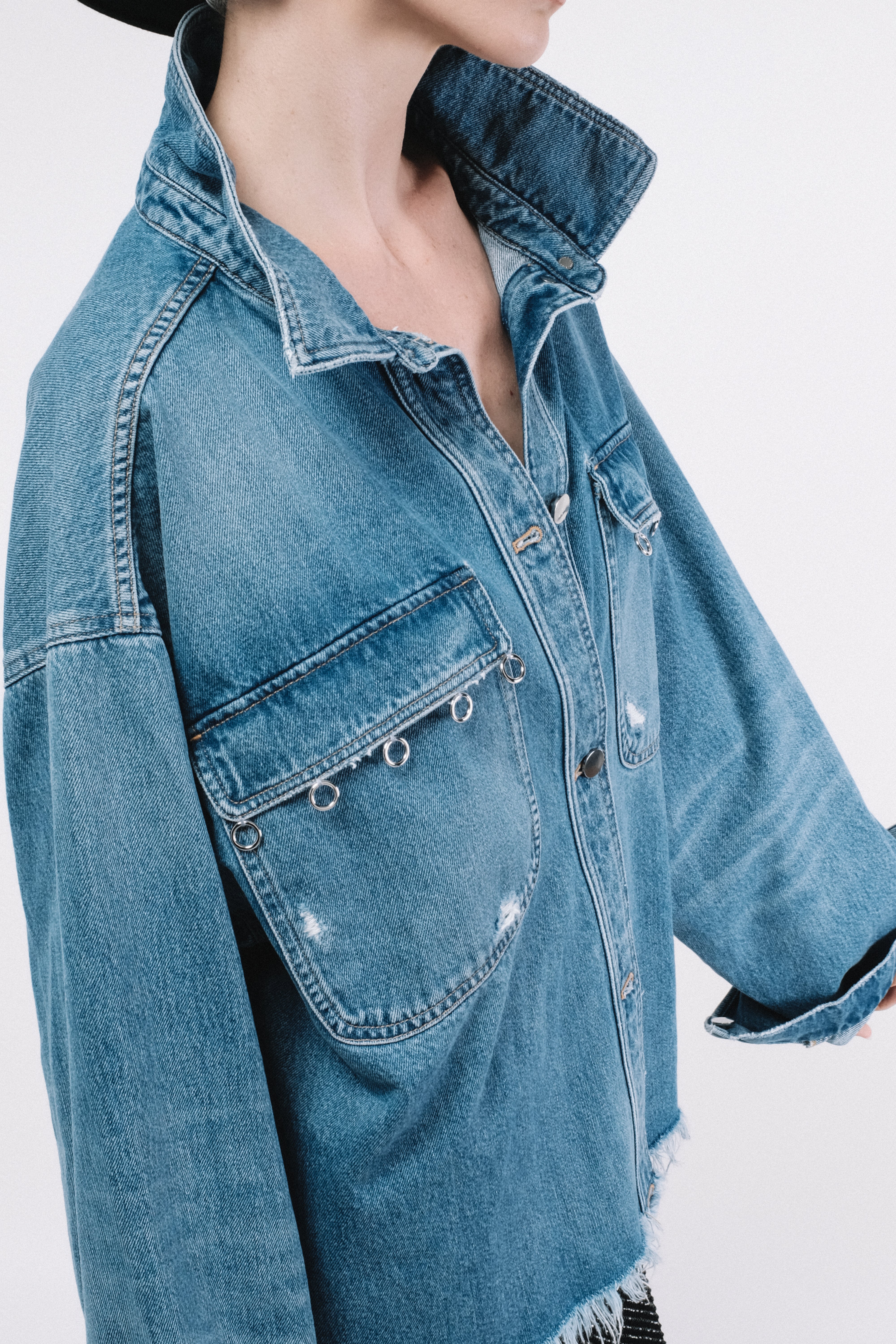 Oversized jacket in fringed denim PACIFIC long sleeves Blue 