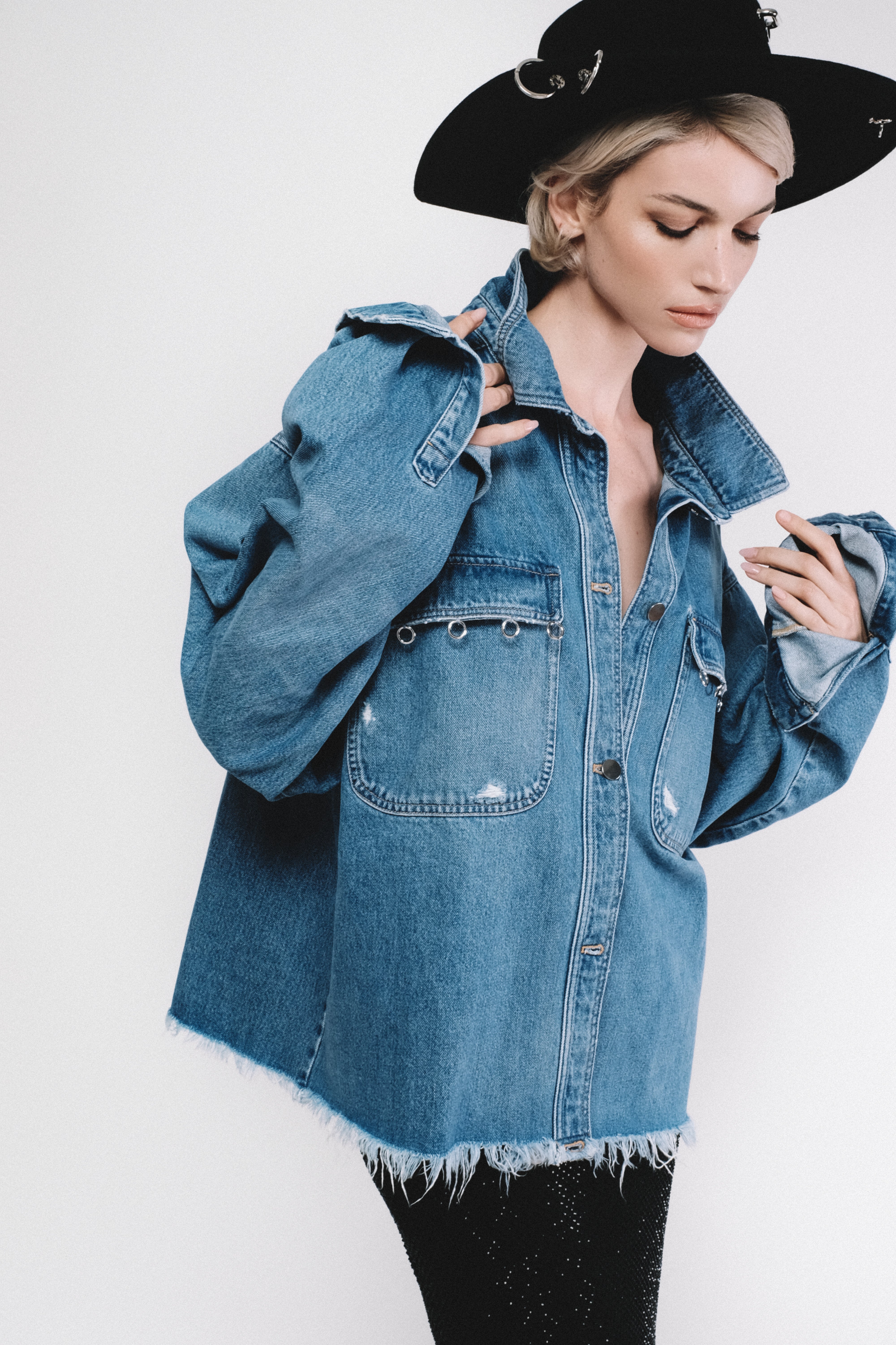 Oversized jacket in fringed denim PACIFIC long sleeves Blue 